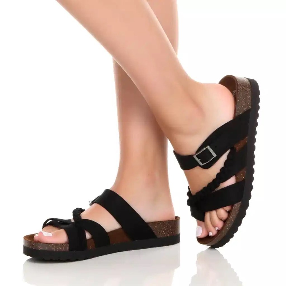 Mountain Sole Black Leather Braided Strap Cork FootbedSandals Women's Size 9 NIB